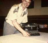 Mayor displays a clunky typewriter