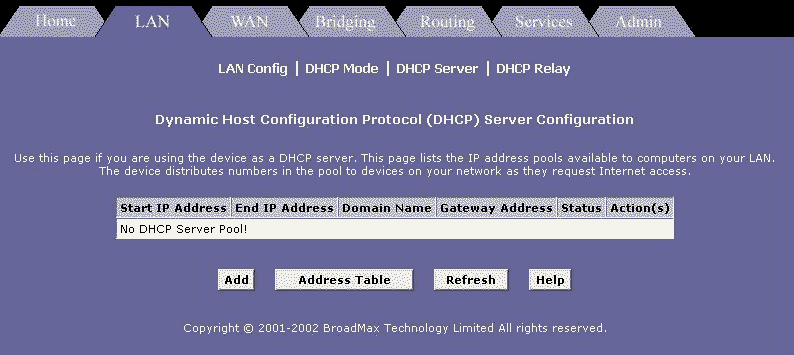 Broadmax DHCP Pool Menu