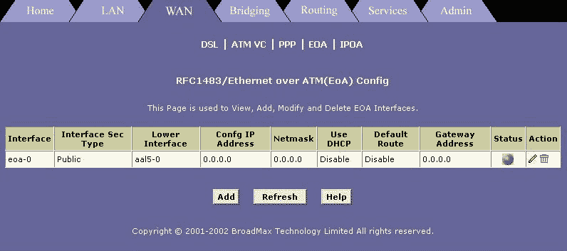 Broadmax WAN EOA Menu in Bridging Mode