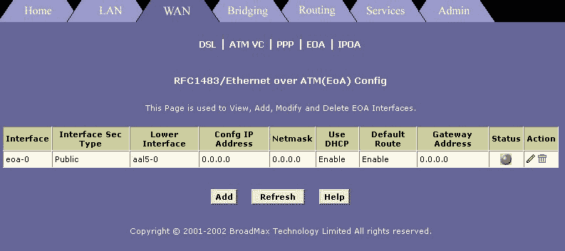 Broadmax WAN EOA Menu in DHCP Mode