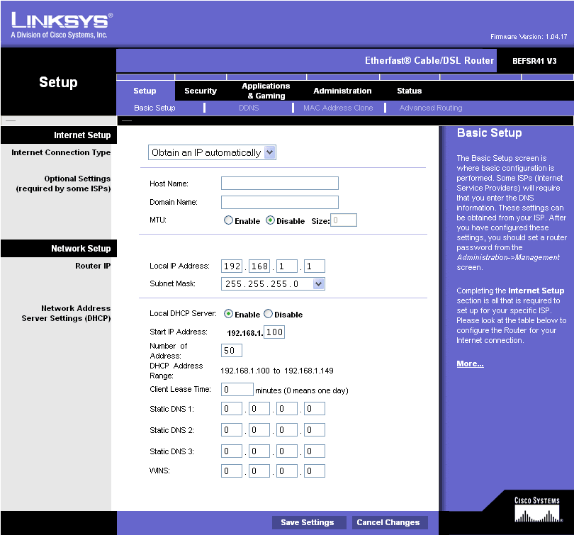 Linksys Router Settings