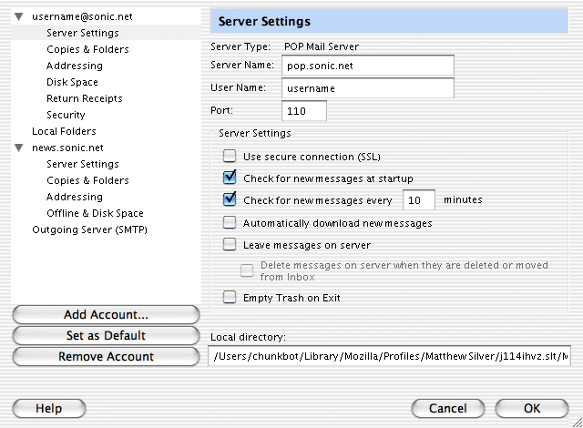 POP3 server settings screen