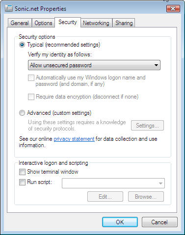 Dialup Security Settings