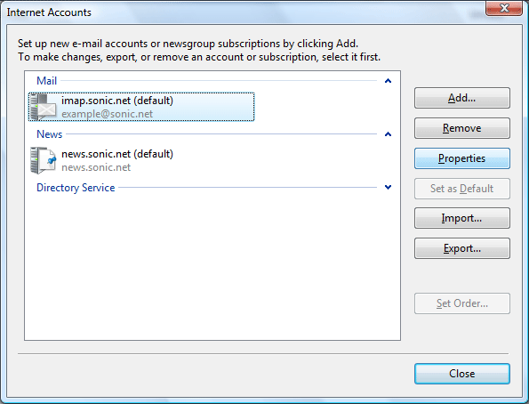 Select your imap.sonic.net mail account