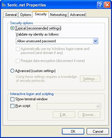 Dialup Security Settings