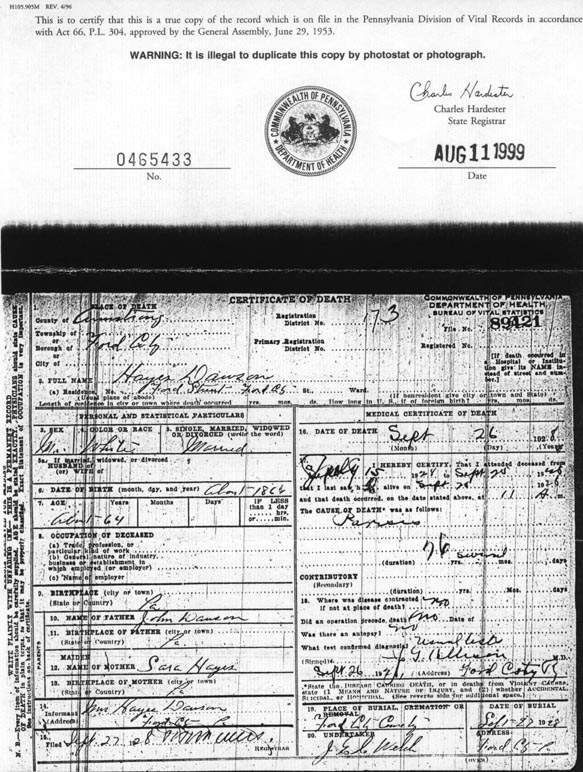 death certificate for Hayes Dawson