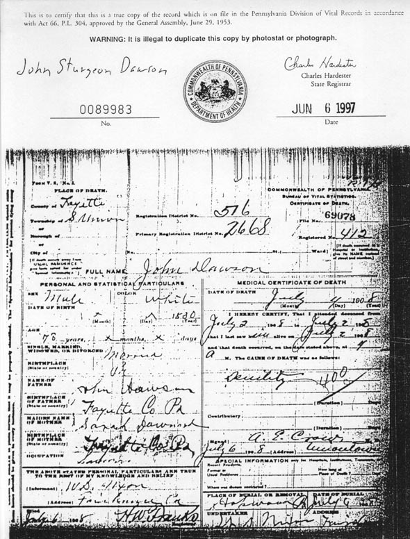 Death Certificate for John S. Dawson