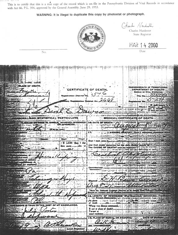 death certificate for S Dawson