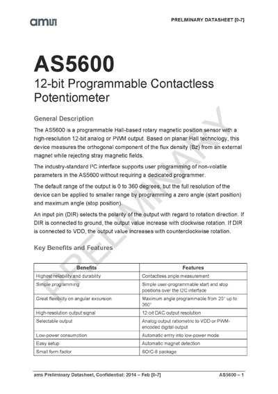 AMS 12-bit Programmable Contactless Potentiometer Datasheet