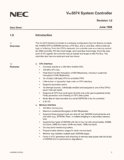 NEC VRC5074 MIPS System Controller Data Sheet