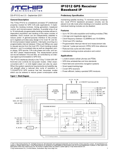 TChip IP1012 Global Positioning System (GPS) Receiver Baseband Intellectual Property (IP) Data Sheet