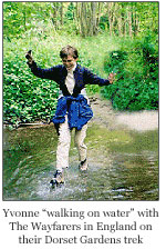 Yvonne Horn, Travel Writer, walking on water with The Wayfarers in England on their Dorset Gardens trek